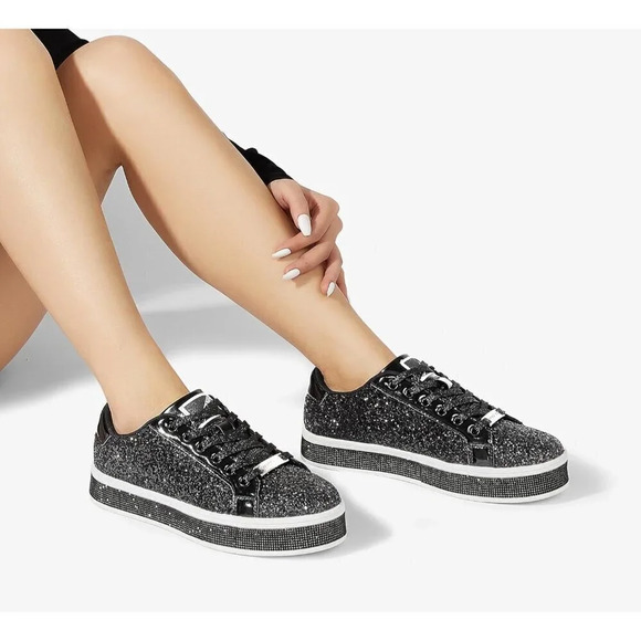 Women's Black Platform Glitter Sneakers | Sparkly Bling Shiny  Dressy - Picture 9 of 9